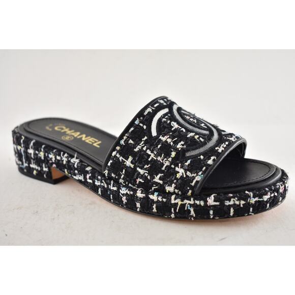 Chanel 20P Black White Tweed Mesh CC Logo Slide Slip Sandal Mule Heel Flat 36.5 - Picture 4 of 14